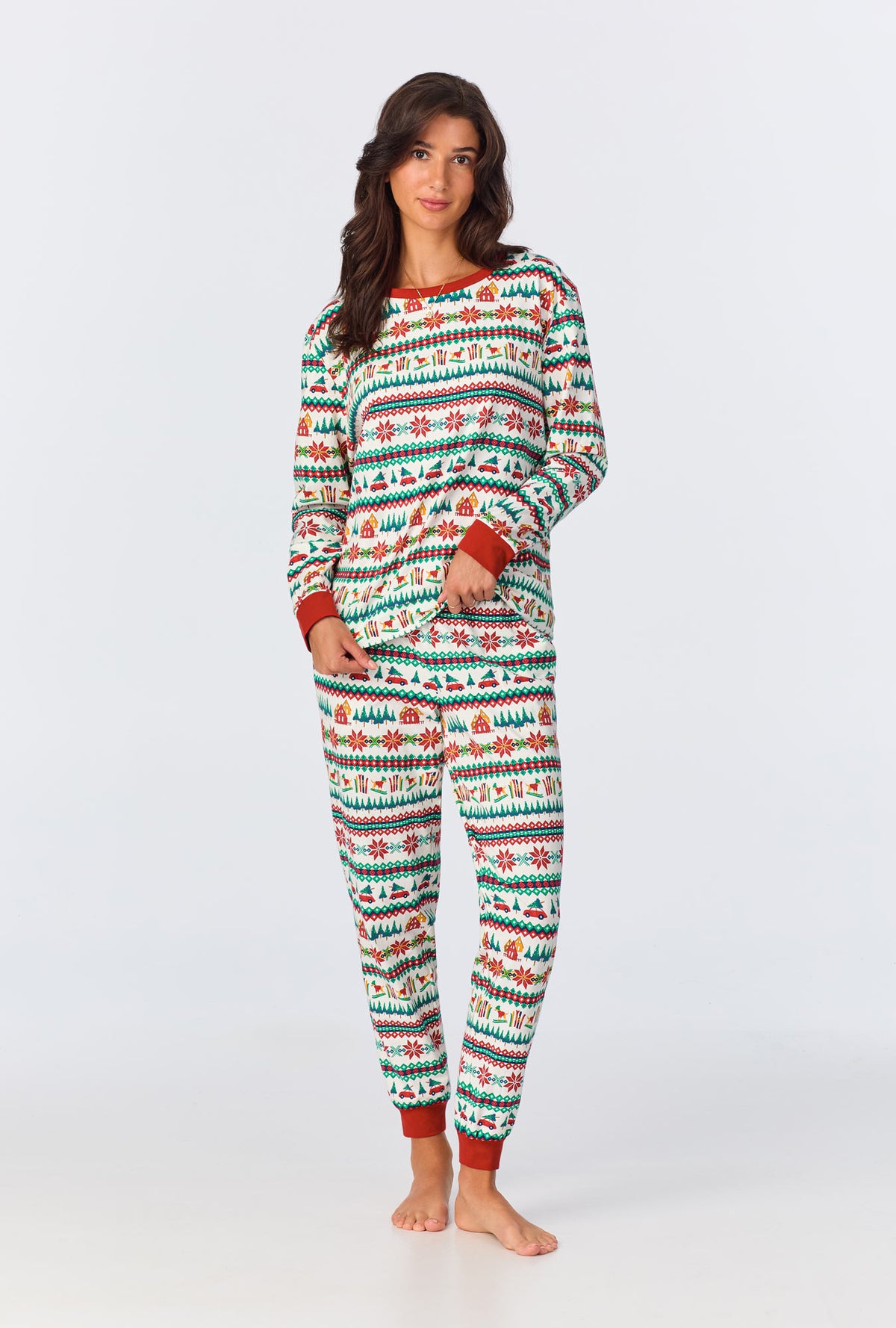 A lady wearing Festive Fairisle Long Sleeve Pullover Crew and Jogger Stretch Jersey PJ Set