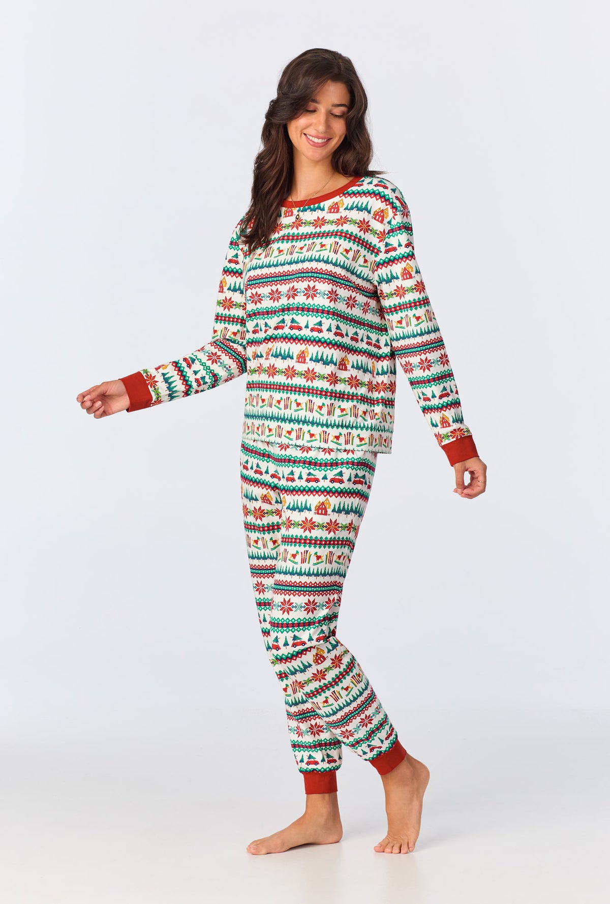 A lady wearing Festive Fairisle Long Sleeve Pullover Crew and Jogger Stretch Jersey PJ Set