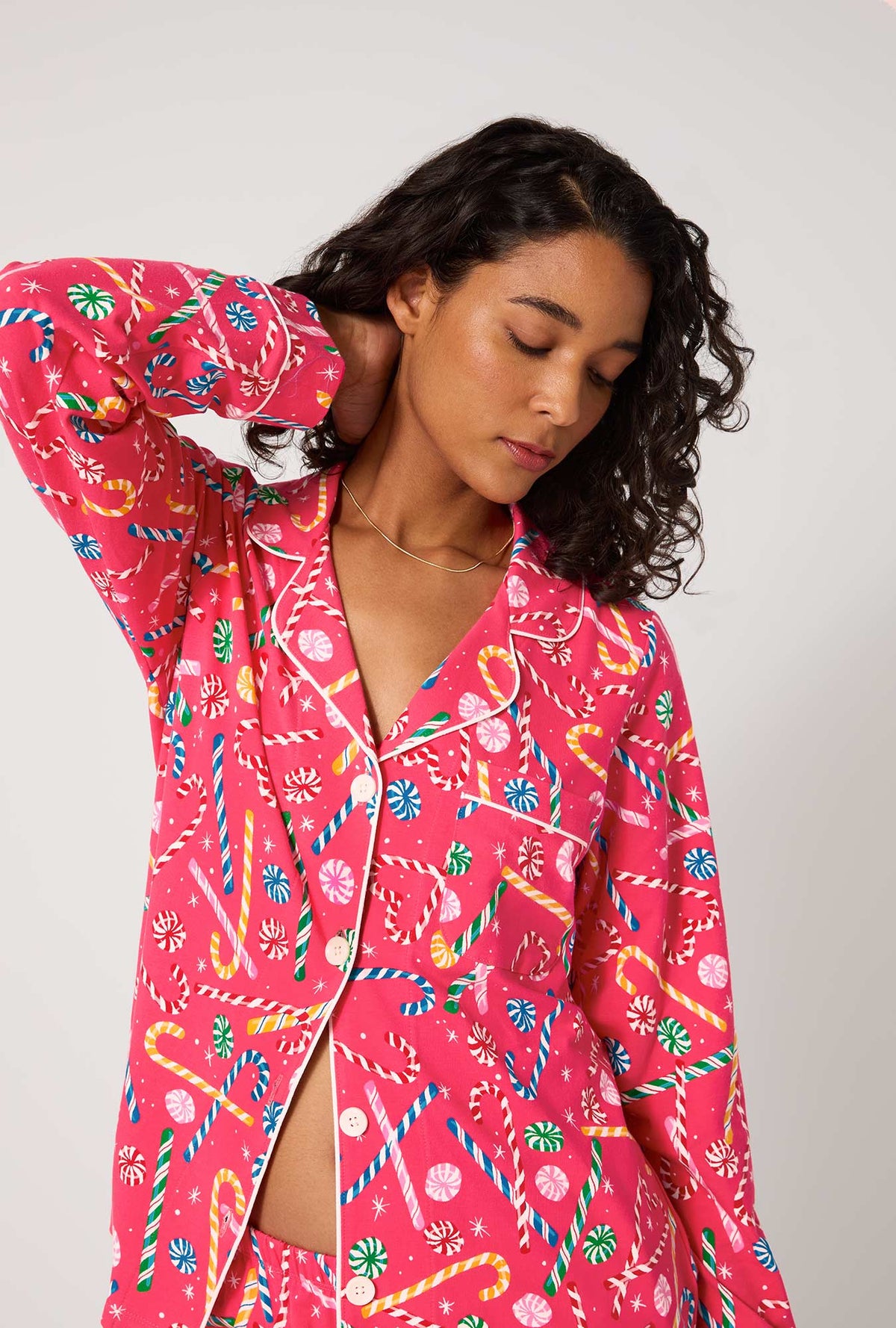 A lady wearing Peppermint Twist Long Sleeve Classic Stretch Jersey Shorty Pj Set