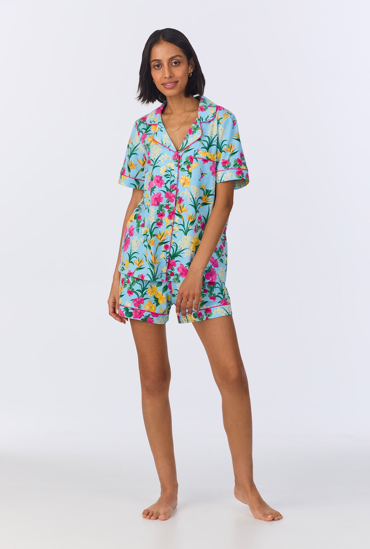 A lady wearing Tropical Paradise Short Sleeve Classic Shorty Stretch Jersey PJ Set
