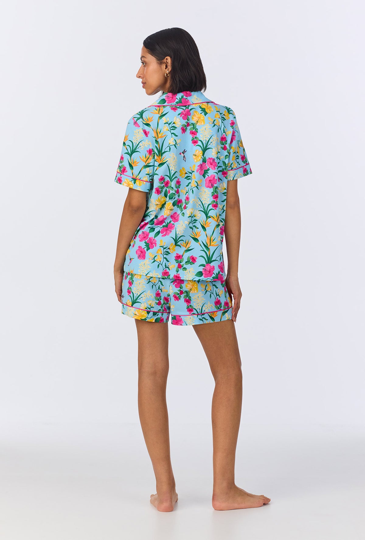 A lady wearing Tropical Paradise Short Sleeve Classic Shorty Stretch Jersey PJ Set