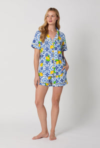 A lady wearing Blue and  White Short Sleeve Classic Shorty Stretch Jersey Pj Set front view