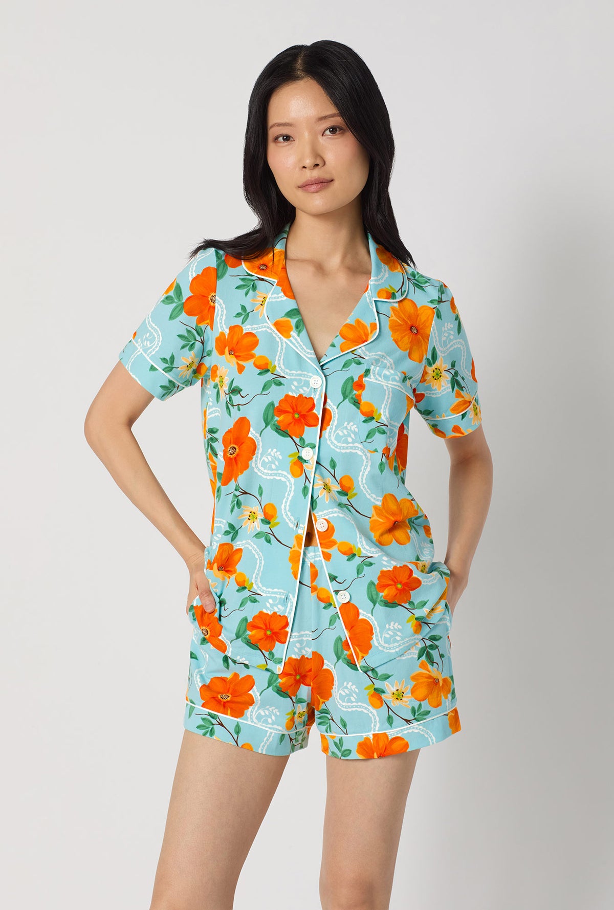 A lady wearing Golden Breeze Short Sleeve Classic Shorty Stretch Jersey Pj Set closer look