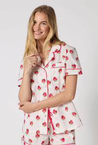 A Lady Wearing Celeste Short Sleeve Classic Woven Supersoft Cotton Poplin Shorty Pj Set in a close up view pose