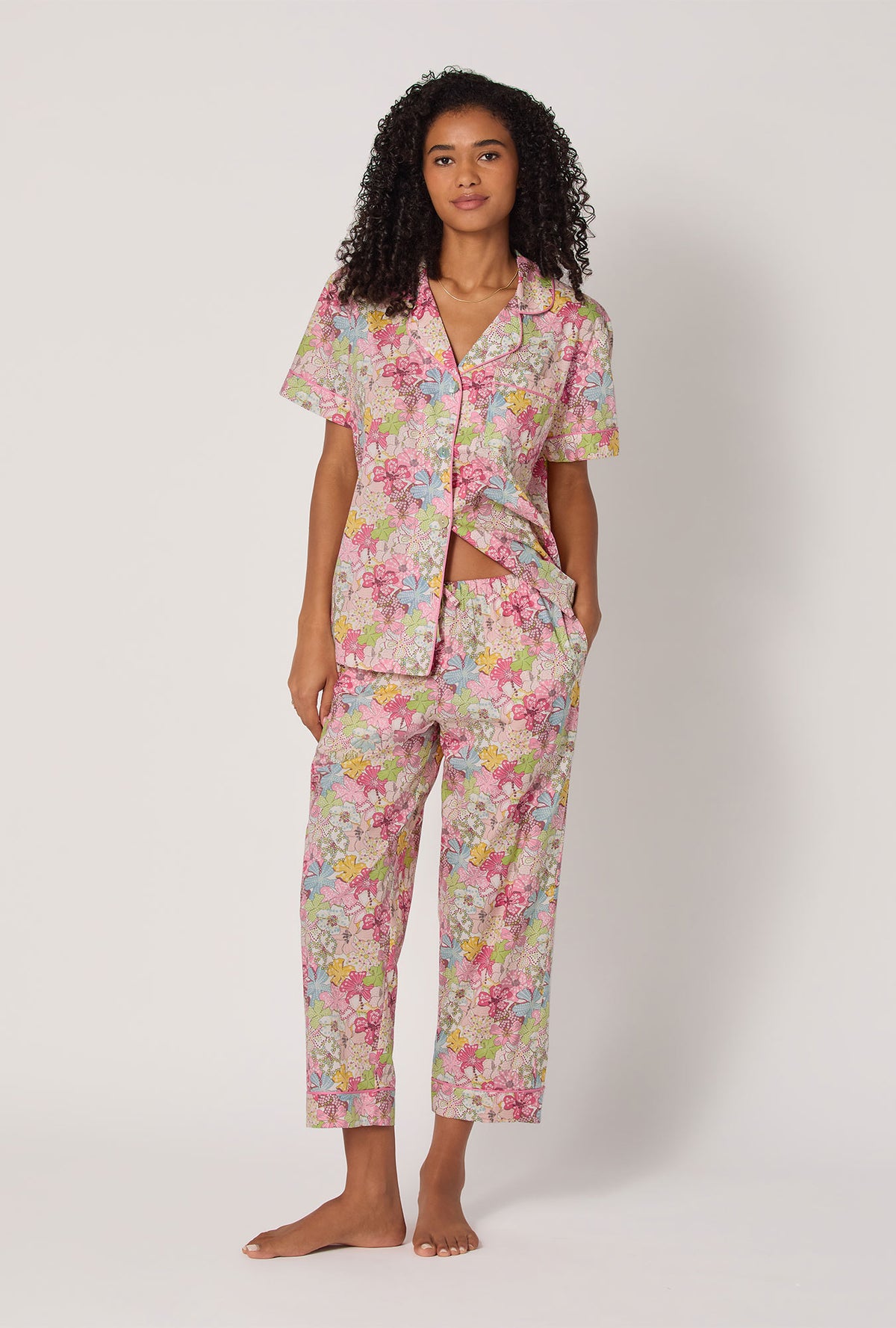 A Lady wearing Mauvey Short Sleeve Classic Woven Tana Lawn® Cropped Pj Set Made With Liberty Fabric