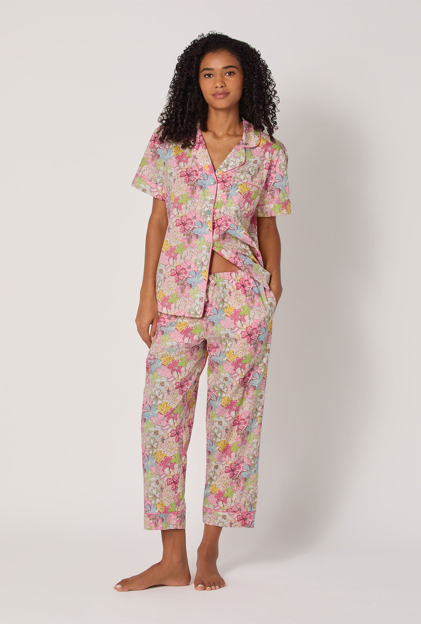 A Lady wearing Mauvey Short Sleeve Classic Woven Tana Lawn® Cropped Pj Set Made With Liberty Fabric