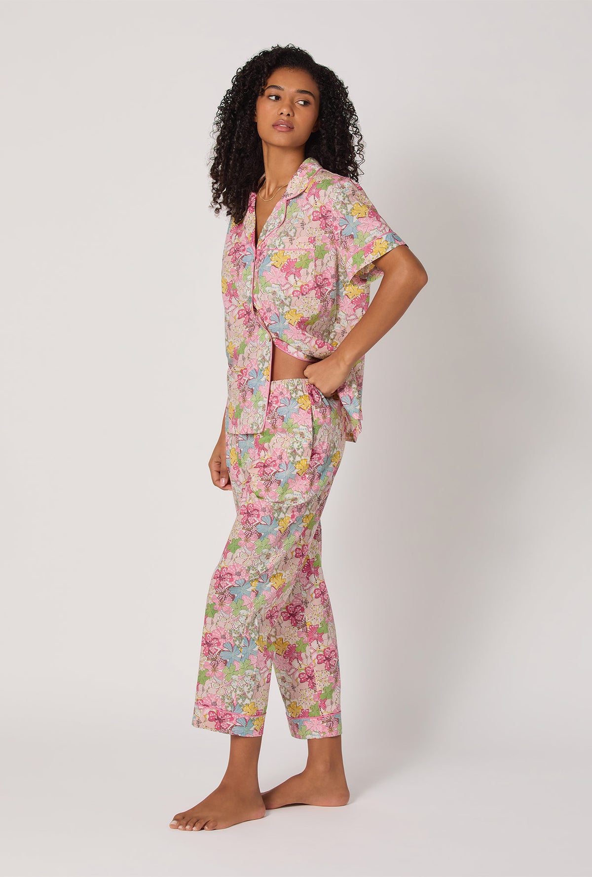 A Lady wearing Mauvey Short Sleeve Classic Woven Tana Lawn® Cropped Pj Set Made With Liberty Fabric