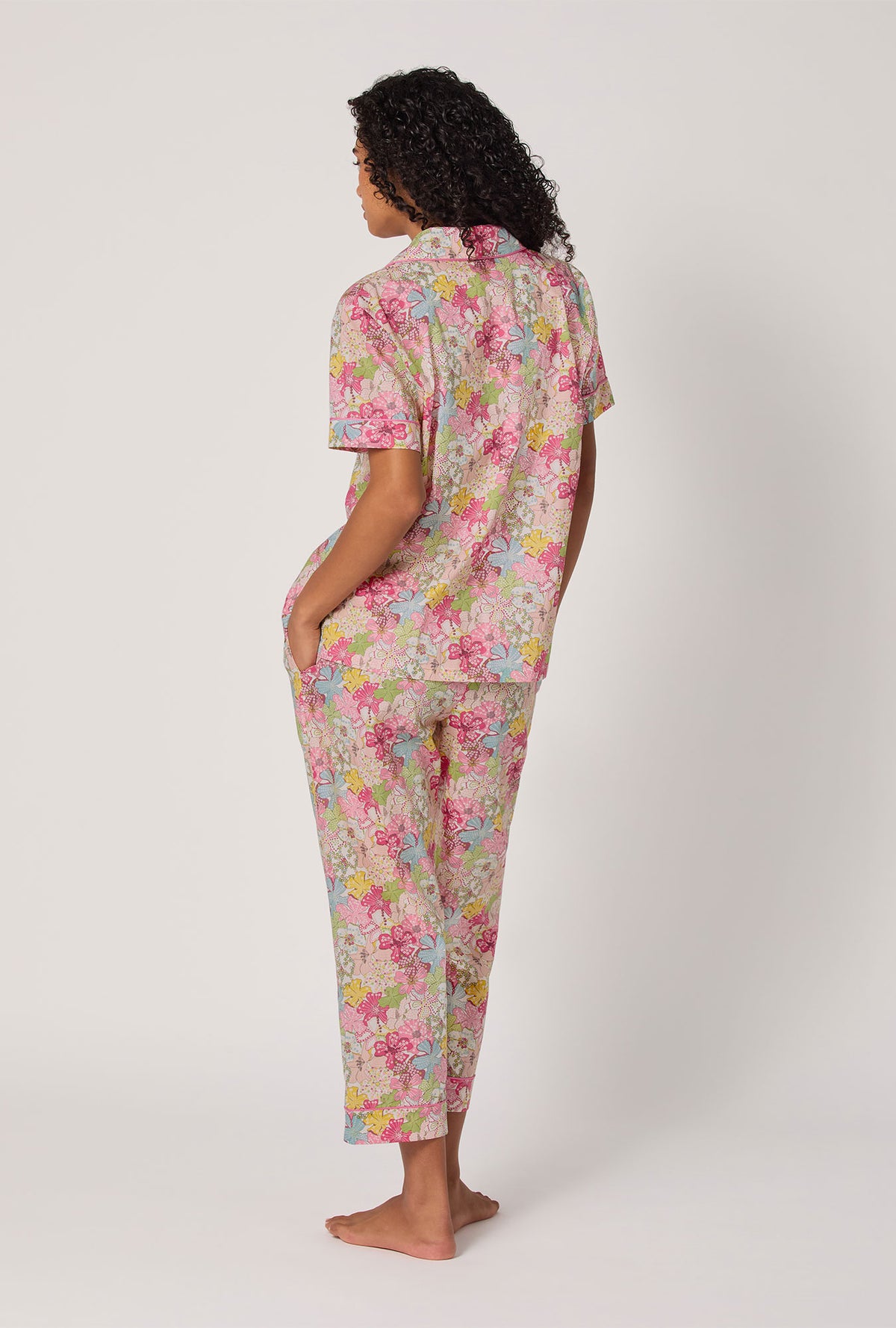A Lady wearing Mauvey Short Sleeve Classic Woven Tana Lawn® Cropped Pj Set Made With Liberty Fabric