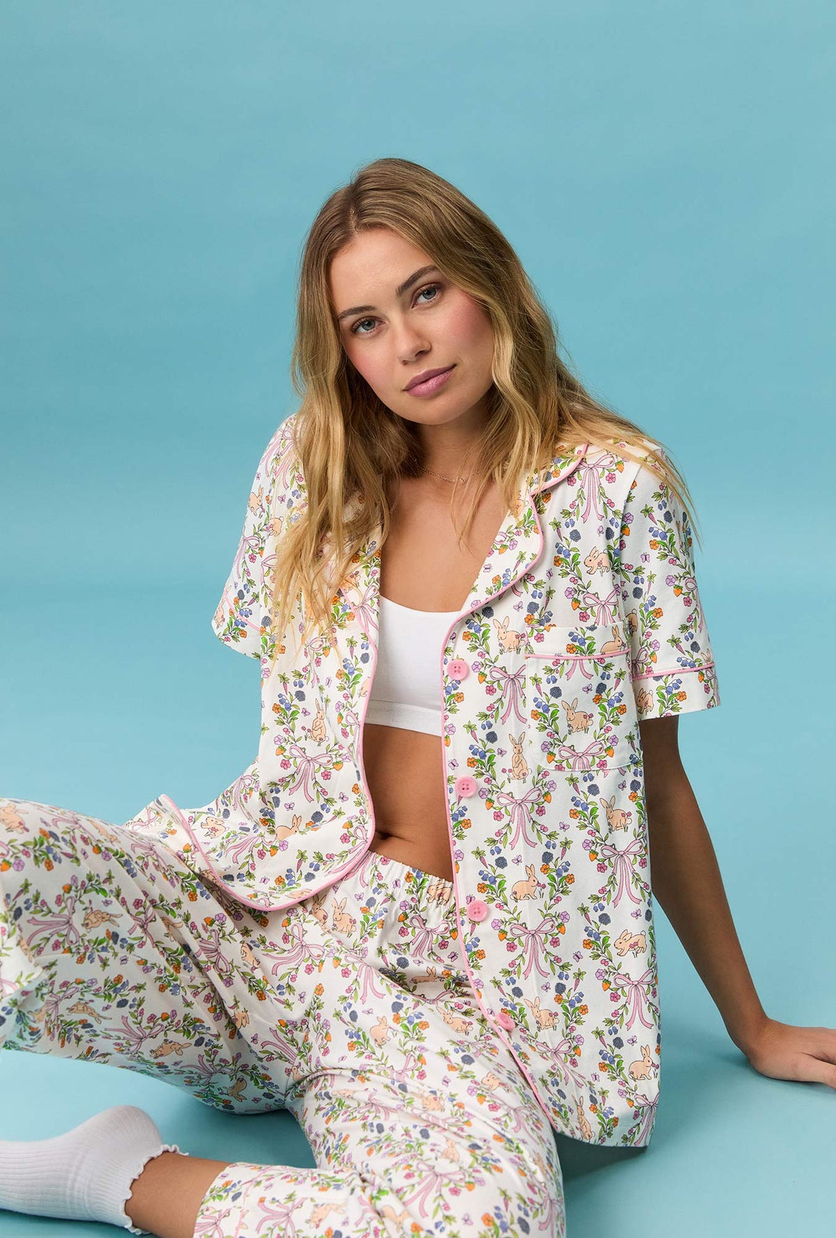A lady wearing Bunny Blooms Short Sleeve Classic Stretch Jersey Cropped Pj Set