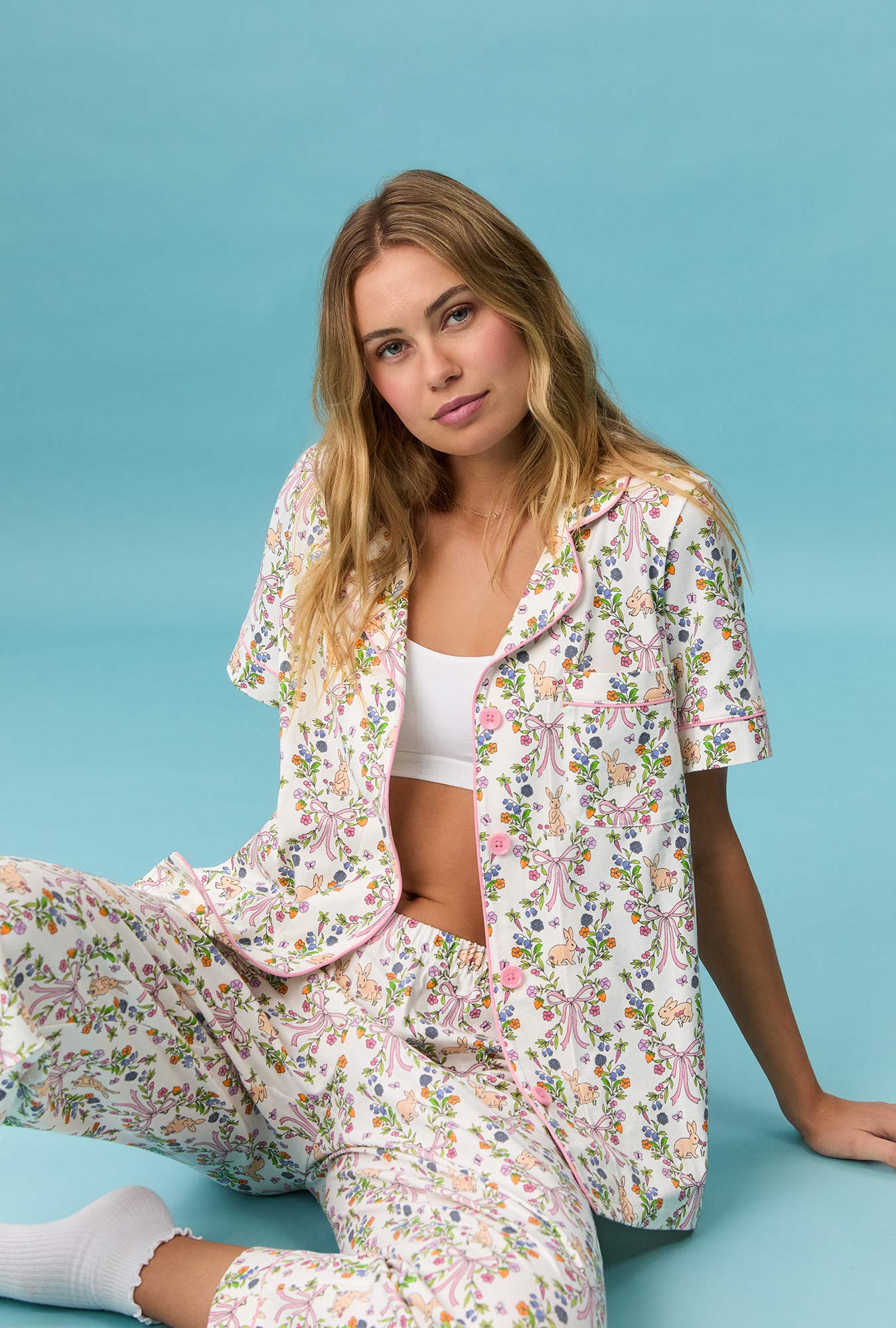 A lady wearing Bunny Blooms Short Sleeve Classic Stretch Jersey Cropped Pj Set