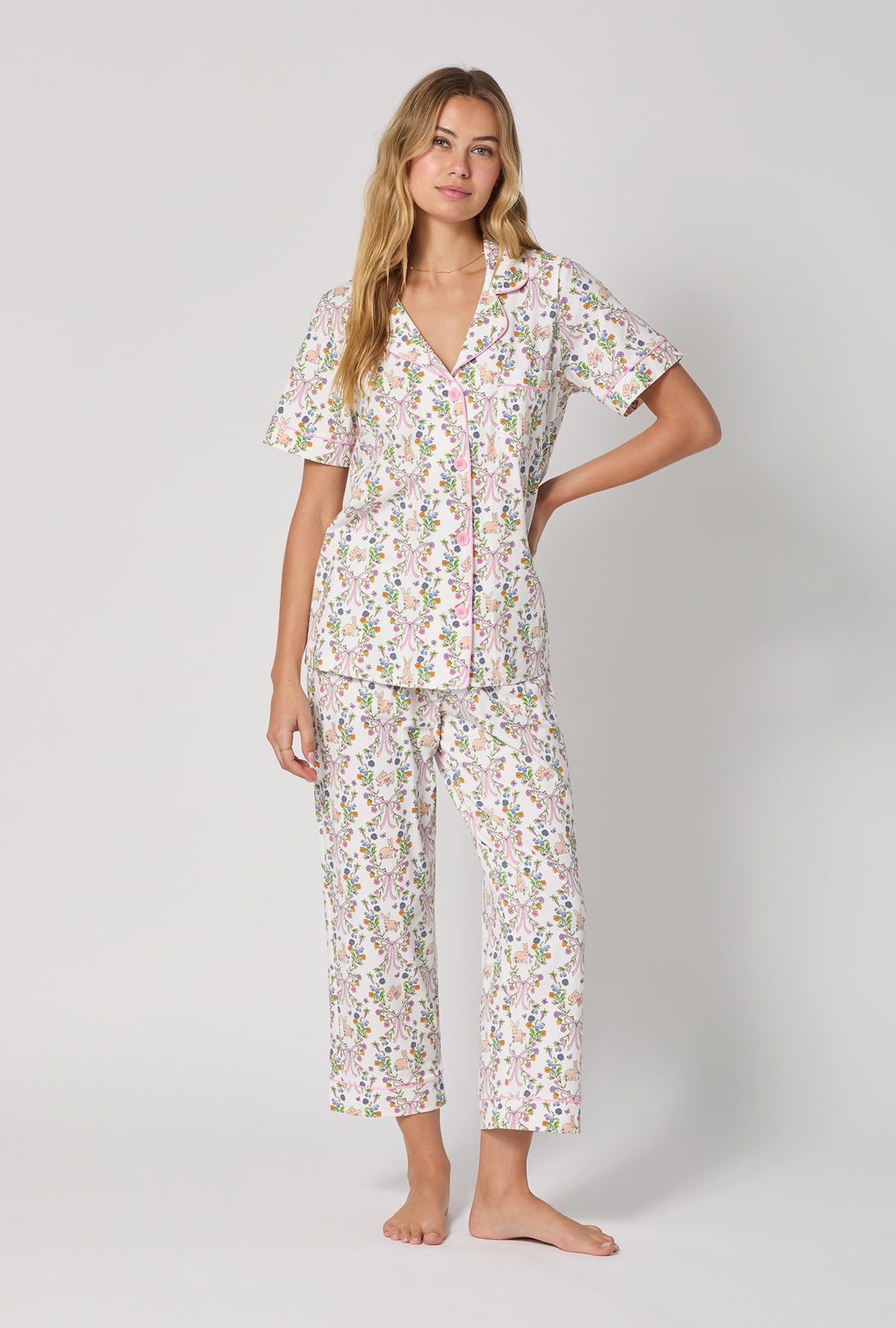 A lady wearing Bunny Blooms Short Sleeve Classic Stretch Jersey Cropped Pj Set