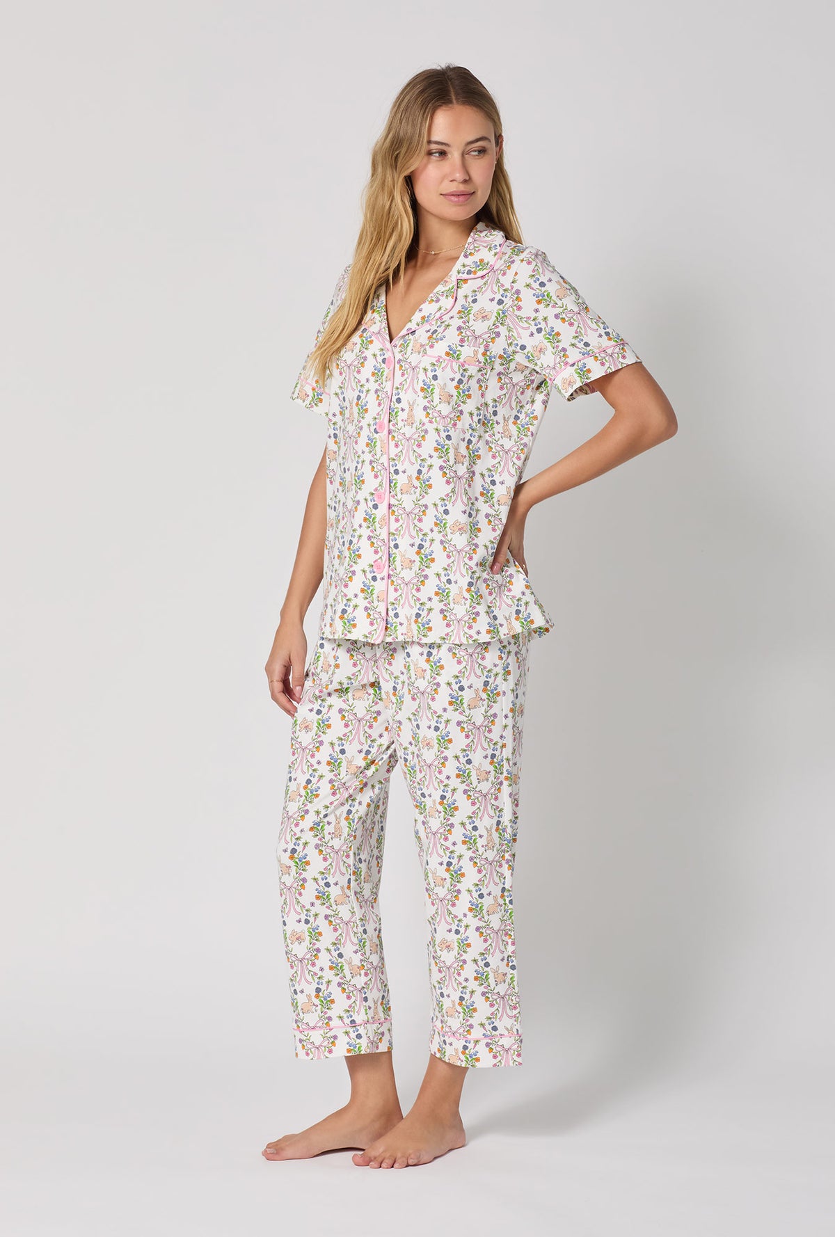 A lady wearing Bunny Blooms Short Sleeve Classic Stretch Jersey Cropped Pj Set