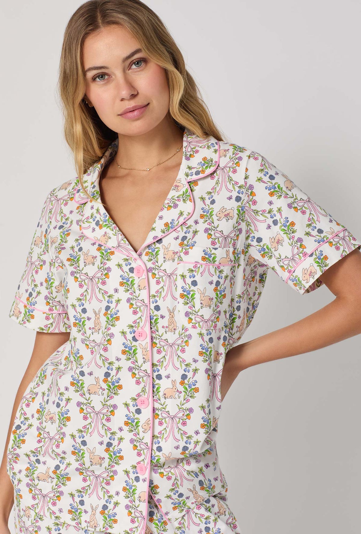 A lady wearing Bunny Blooms Short Sleeve Classic Stretch Jersey Cropped Pj Set