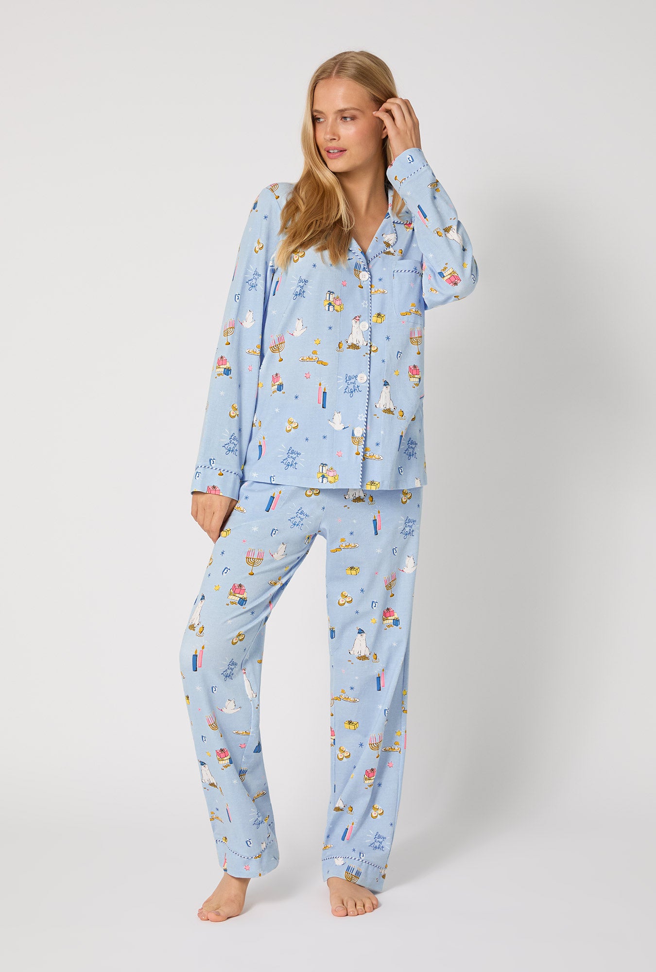 A lady wearing Love And Light Long Sleeve Classic Stretch Jersey Pj Set