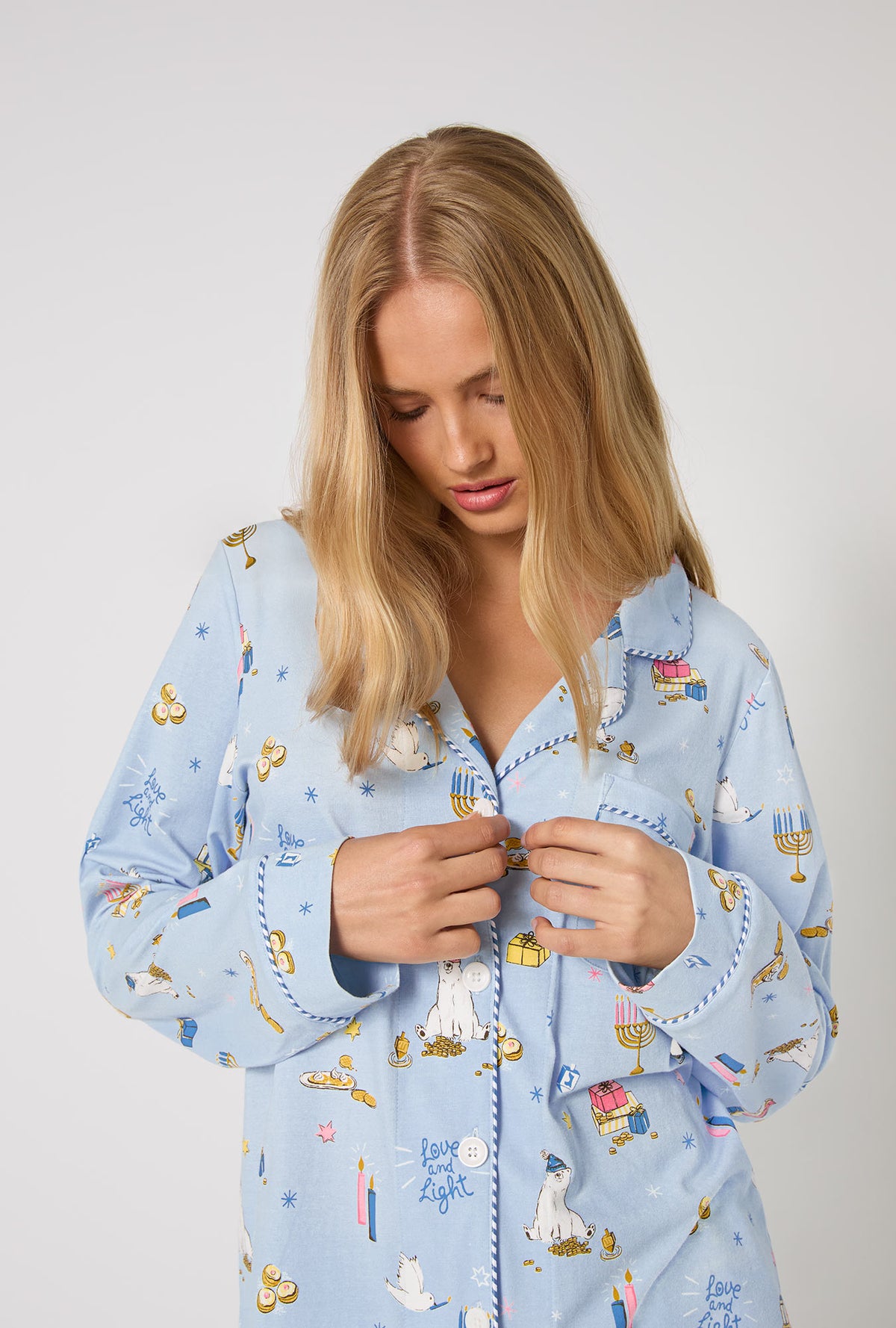 A lady wearing Love And Light Long Sleeve Classic Stretch Jersey Pj Set
