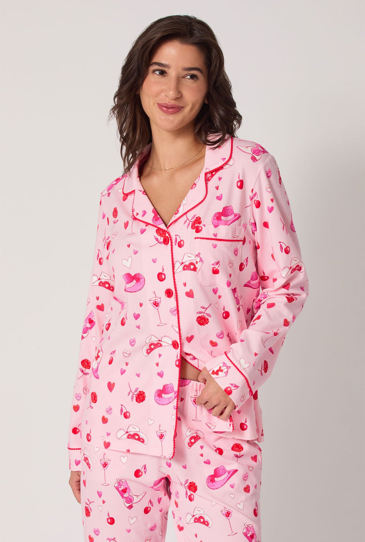 A lady wearing Giddy Up Galentine Long Sleeve Classic Stretch Jersey Pj Set