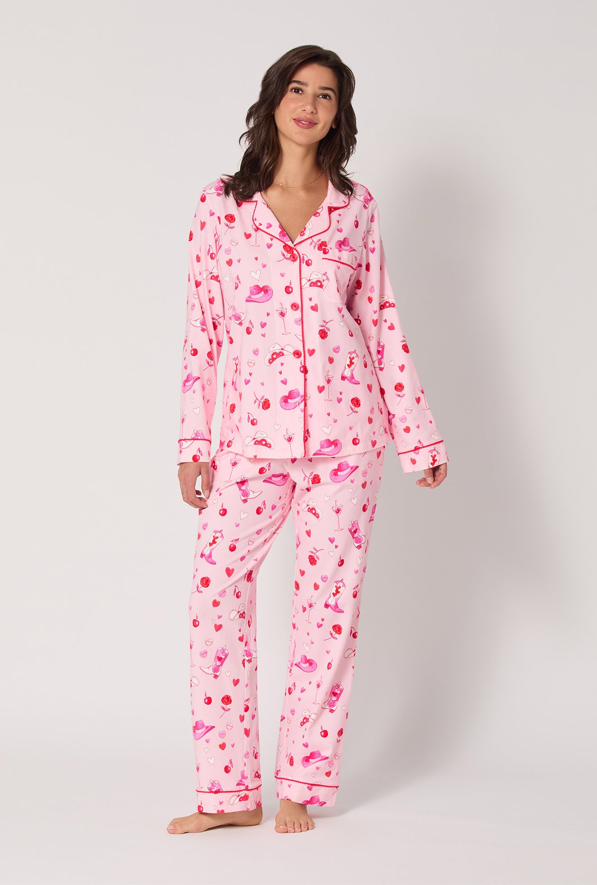 A lady wearing Giddy Up Galentine Long Sleeve Classic Stretch Jersey Pj Set