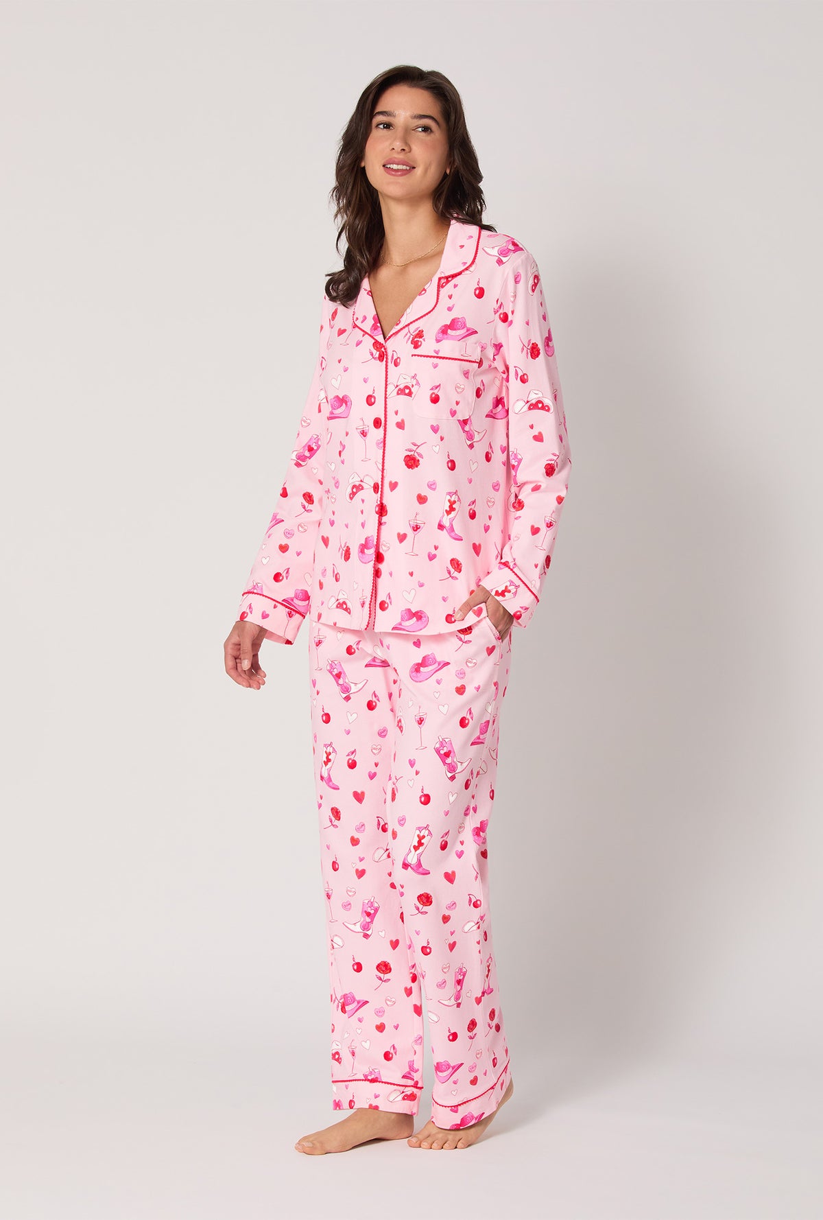 A lady wearing Giddy Up Galentine Long Sleeve Classic Stretch Jersey Pj Set