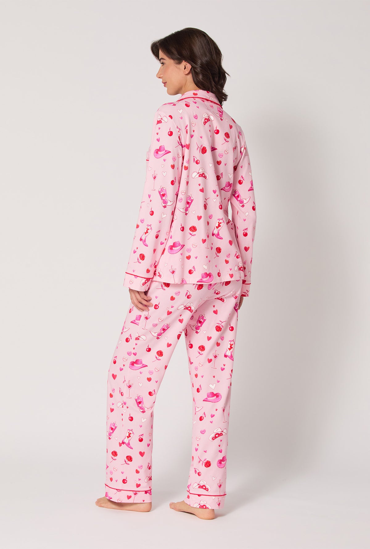 A lady wearing Giddy Up Galentine Long Sleeve Classic Stretch Jersey Pj Set