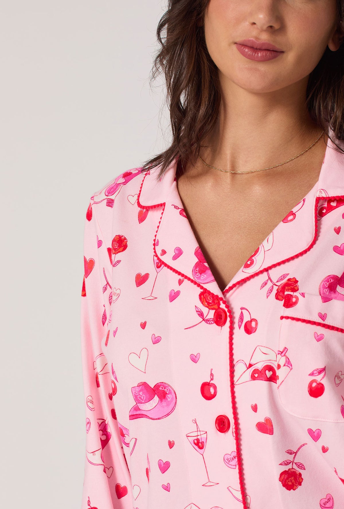 A lady wearing Giddy Up Galentine Long Sleeve Classic Stretch Jersey Pj Set
