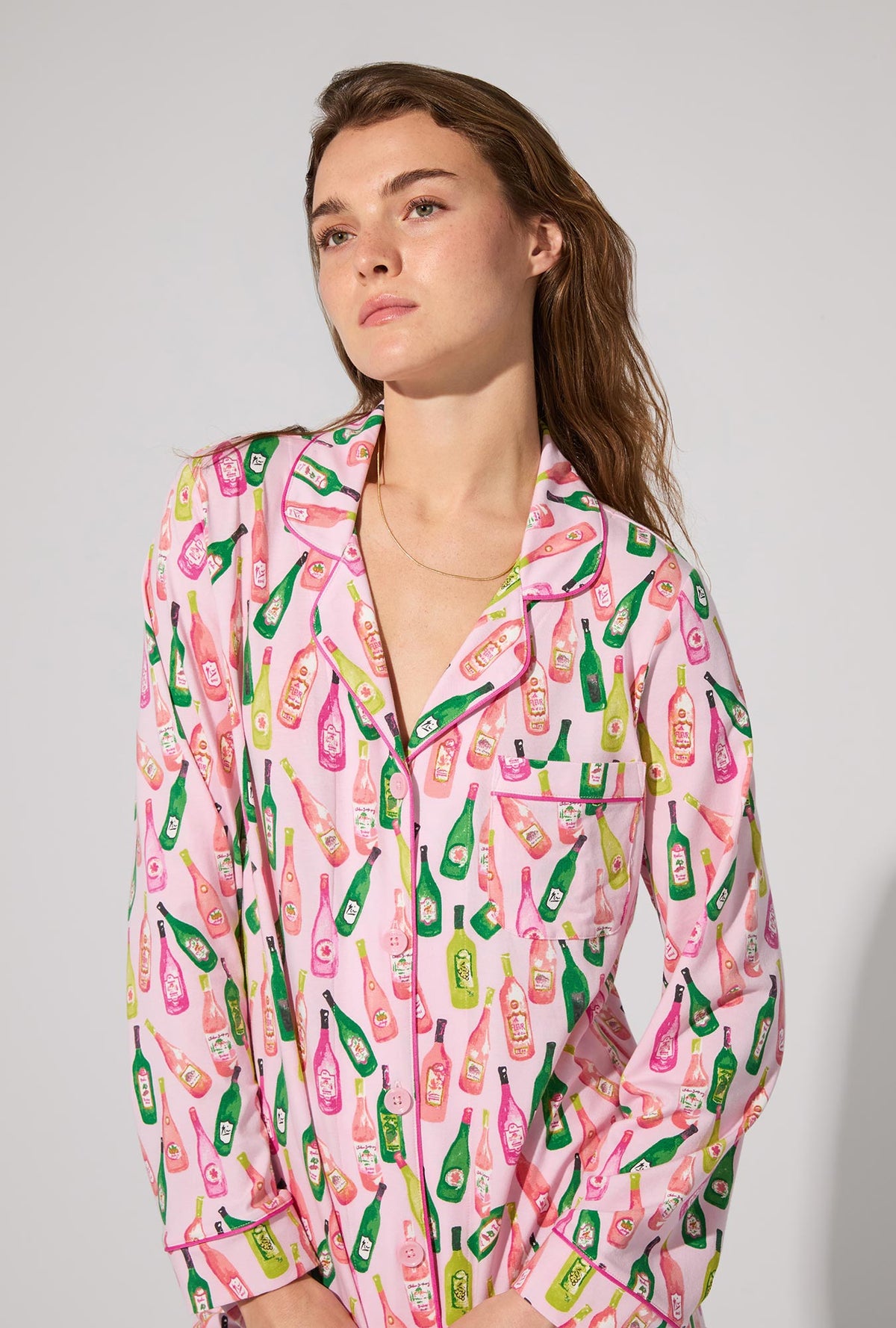 A lady wearing Wine Tour Long Sleeve Classic Stretch Jersey PJ Set