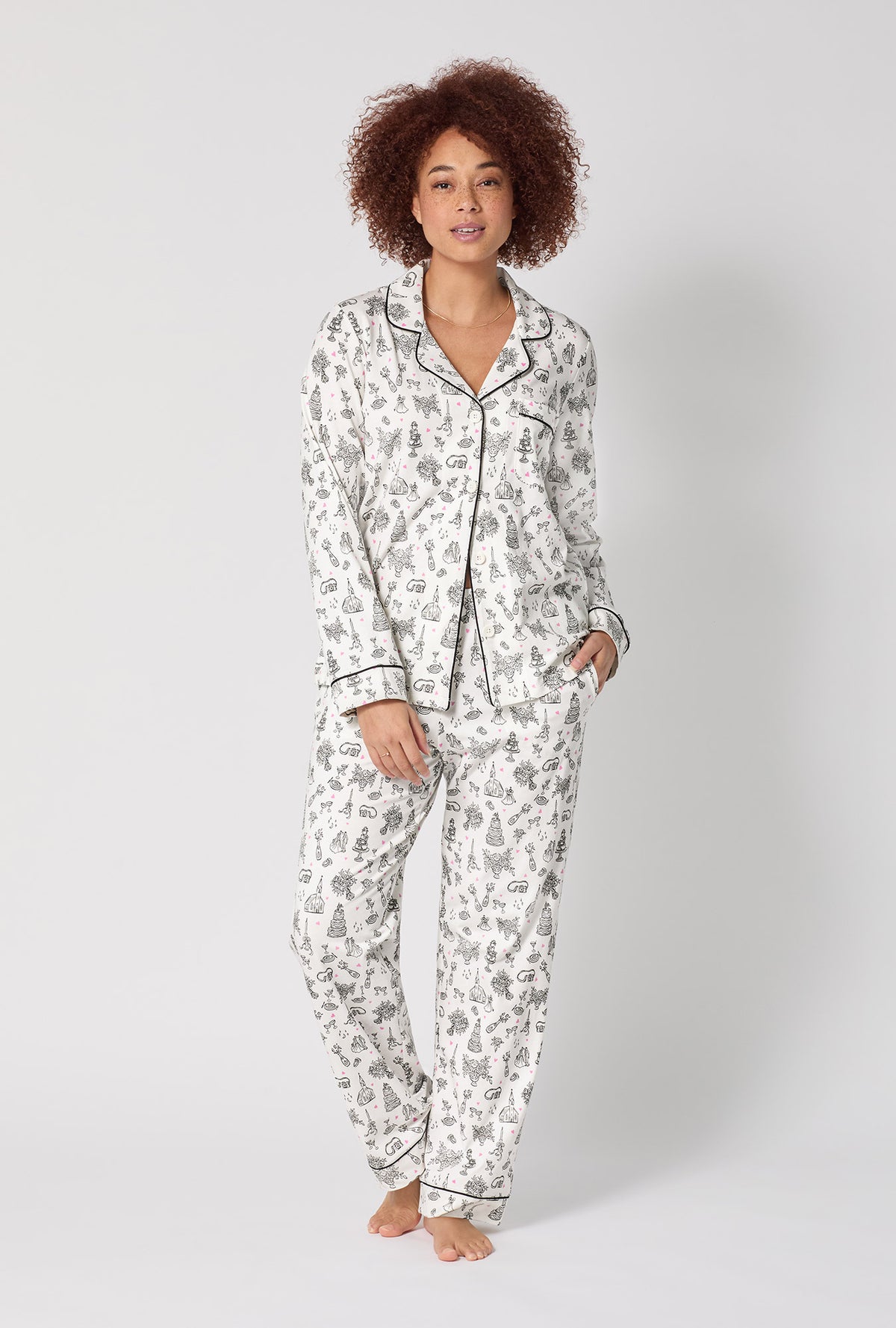 A lady wearing Tie The Knot Long Sleeve Classic Stretch Jersey Pj Set
