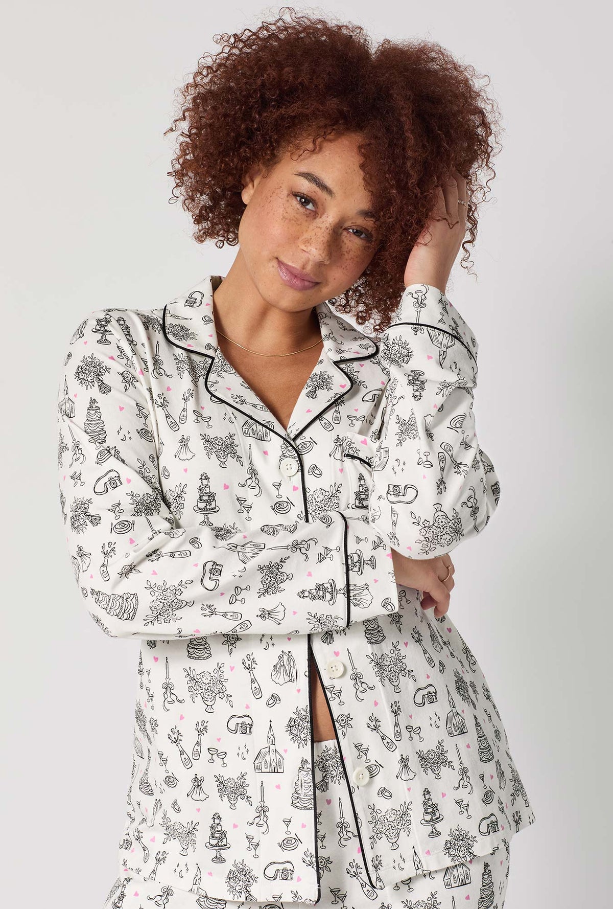 A lady wearing Tie The Knot Long Sleeve Classic Stretch Jersey Pj Set