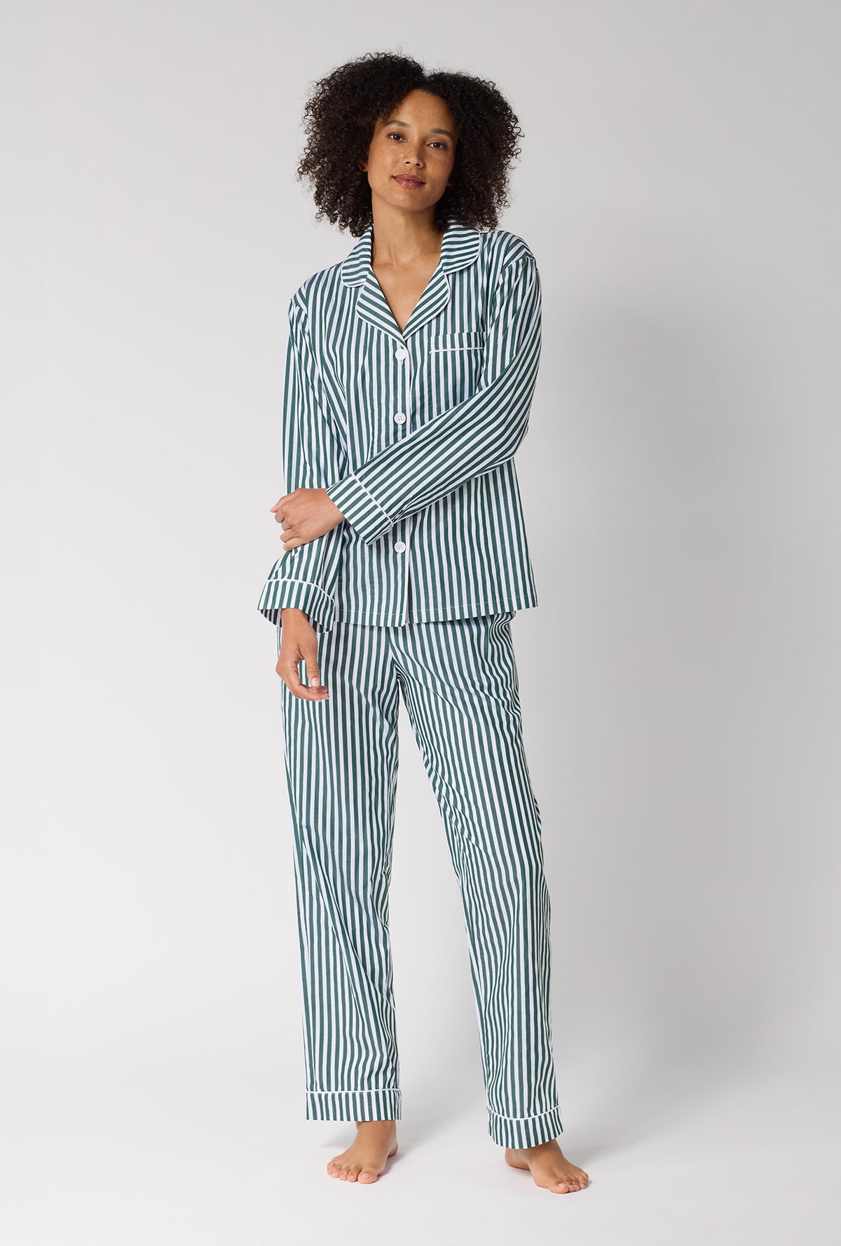 A lady wearing Green Signature Stripe Long Sleeve Classic Woven Cotton Sateen Pj Set