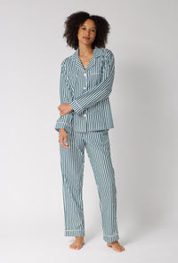 A lady wearing Green Signature Stripe Long Sleeve Classic Woven Cotton Sateen Pj Set