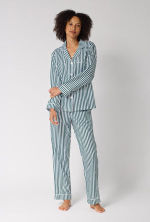 A lady wearing Green Signature Stripe Long Sleeve Classic Woven Cotton Sateen Pj Set