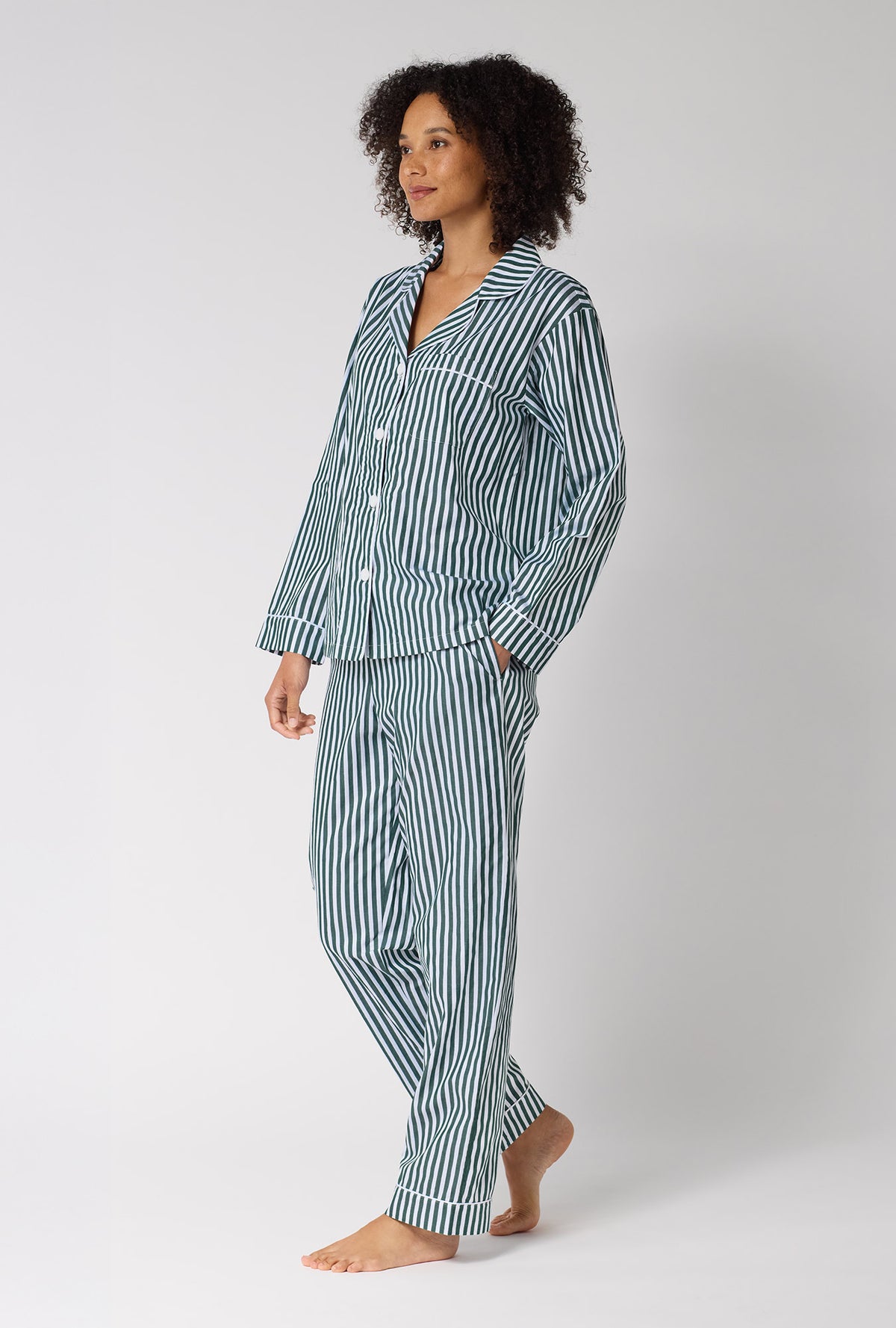 A lady wearing Green Signature Stripe Long Sleeve Classic Woven Cotton Sateen Pj Set looking side