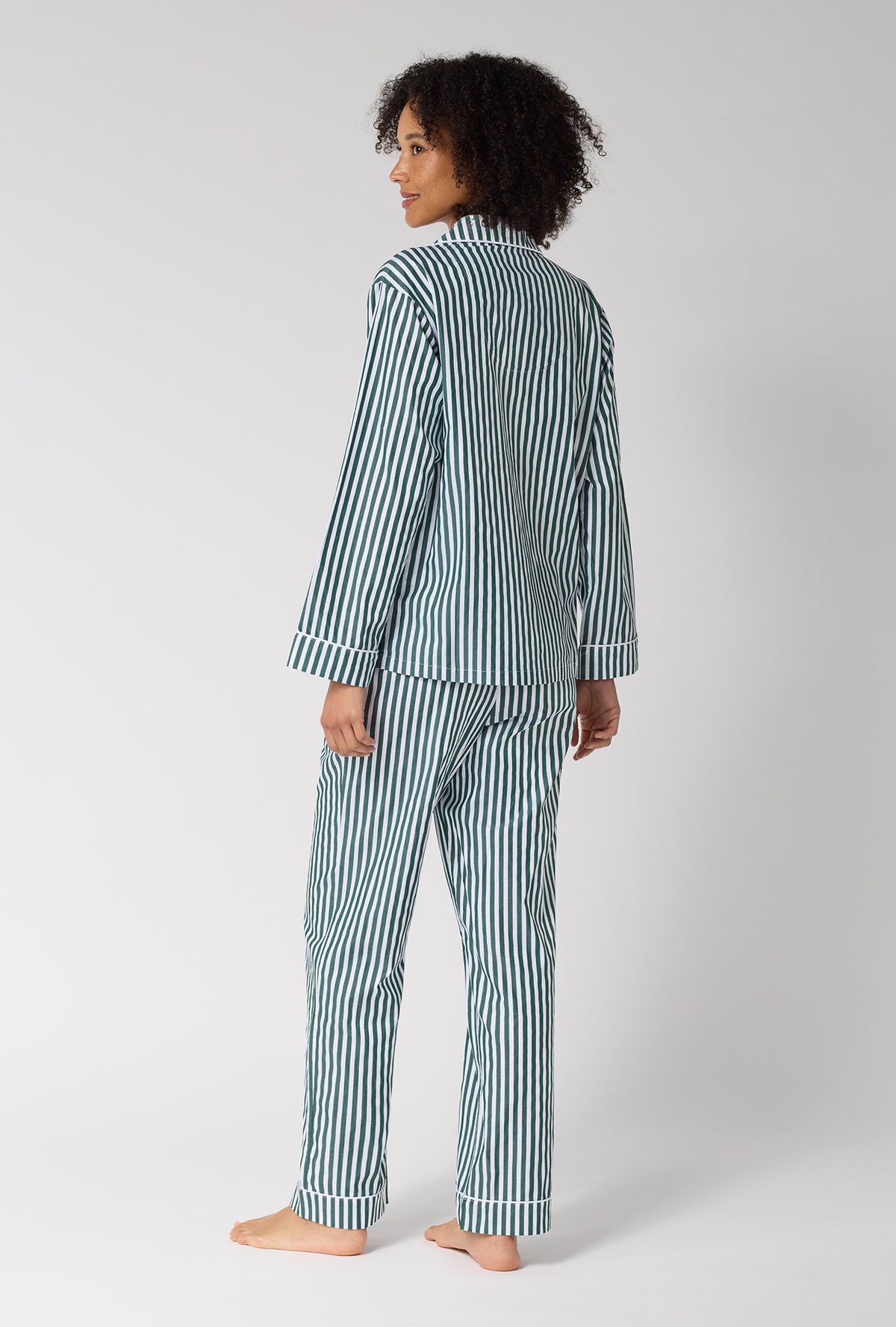 A lady wearing Green Signature Stripe Long Sleeve Classic Woven Cotton Sateen Pj Set back view