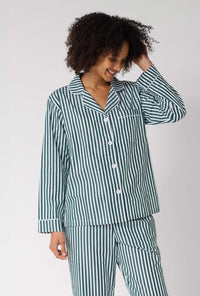 A lady wearing Green Signature Stripe Long Sleeve Classic Woven Cotton Sateen Pj Set closer look 