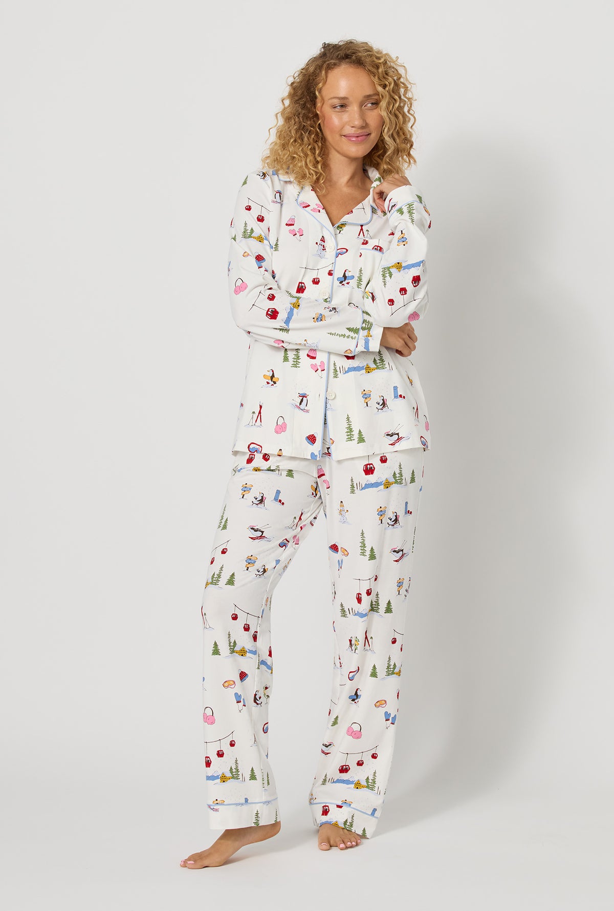A lady wearing Snow Much Fun Long Sleeve Classic Stretch Jersey Pj Set looking side