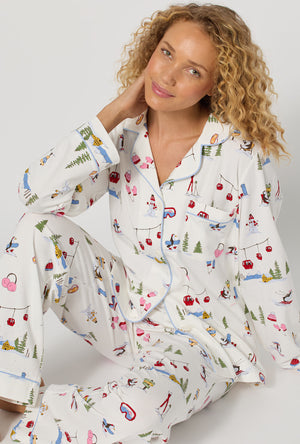 A lady wearing Snow Much Fun Long Sleeve Classic Stretch Jersey Pj Set closer look