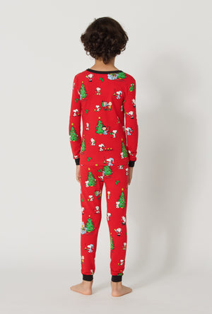A boy wearing Merry, Beagle, & Bright Long Sleeve Stretch Jersey Kids Pj Set back view