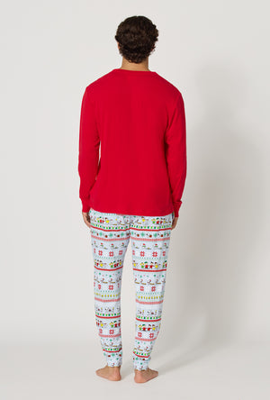 A man wearing Peanuts® Winter Parade Men's Long Sleeve Henley And Jogger Stretch Jersey Pj Set back view