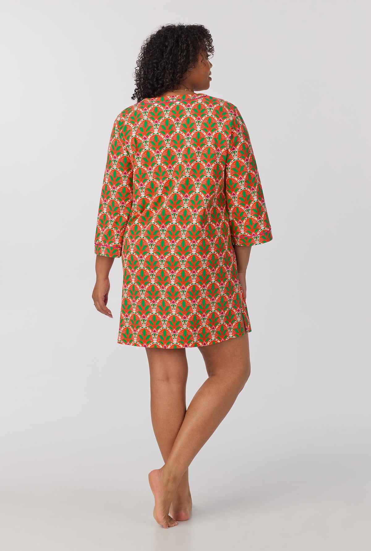 A lady wearing 3/4 Sleeve Stretch Jersey Sleepshirt with tangier tile print
