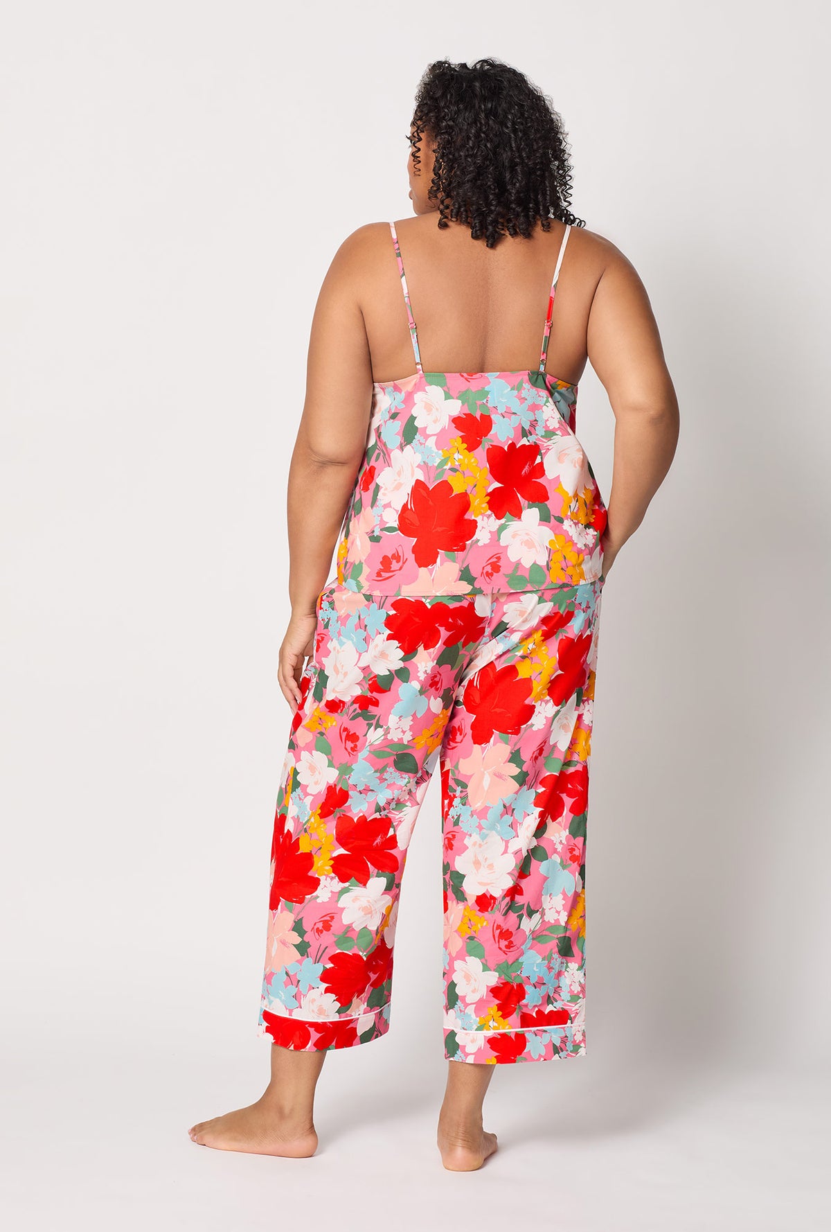 A lady wearing plus size Cassandra Cami Woven Cotton Poplin Cropped Pj Set
