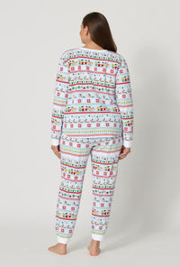 A lady wearing plus size Peanuts® Winter Parade Long Sleeve Pullover Crew And Jogger Stretch Jersey Pj Set back view