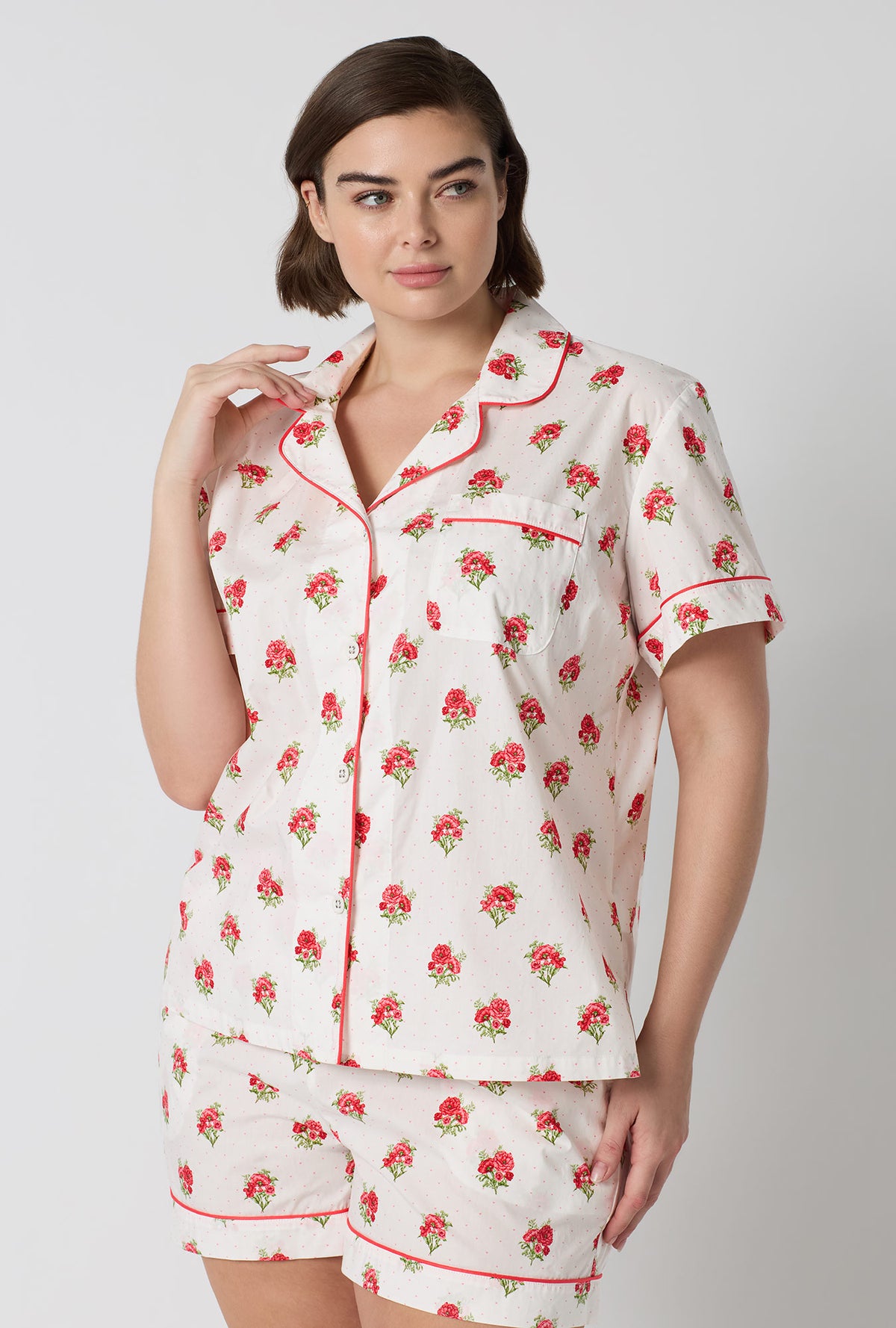 A Lady Wearing Plus Size Celeste Short Sleeve Classic Woven Supersoft Cotton Poplin Shorty Pj Set in a front faced close up view pose