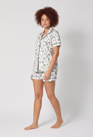 A lady wearing Tie The Knot Short Sleeve Classic Shorty Stretch Jersey Pj Set