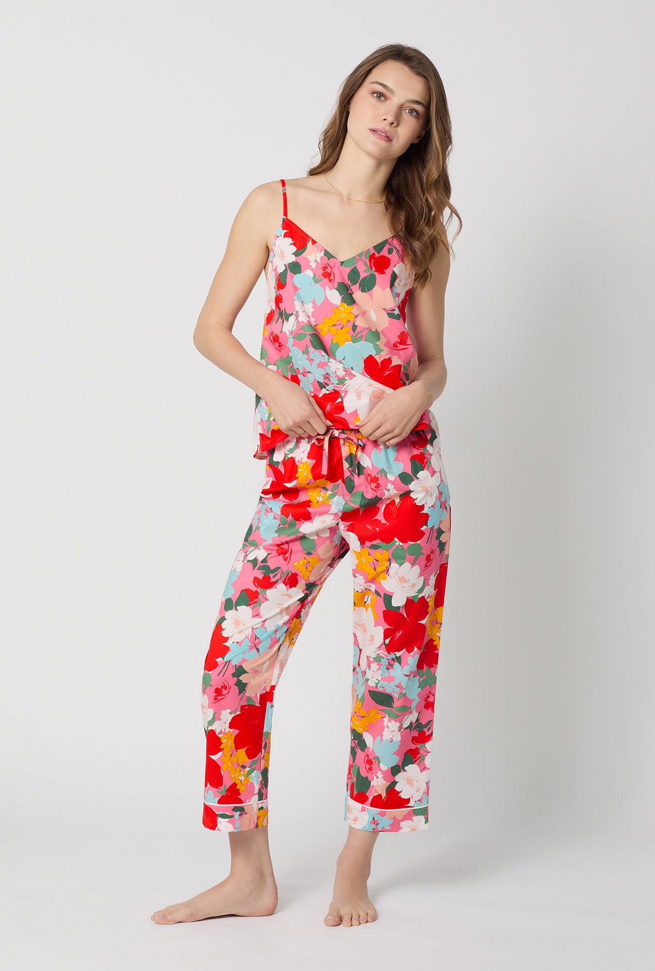 A lady wearing Cassandra Cami Woven Cotton Poplin Cropped Pj Set