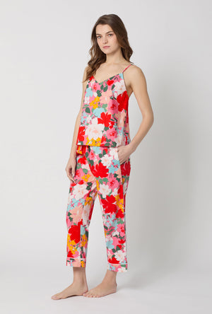 A lady wearing Cassandra Cami Woven Cotton Poplin Cropped Pj Set
