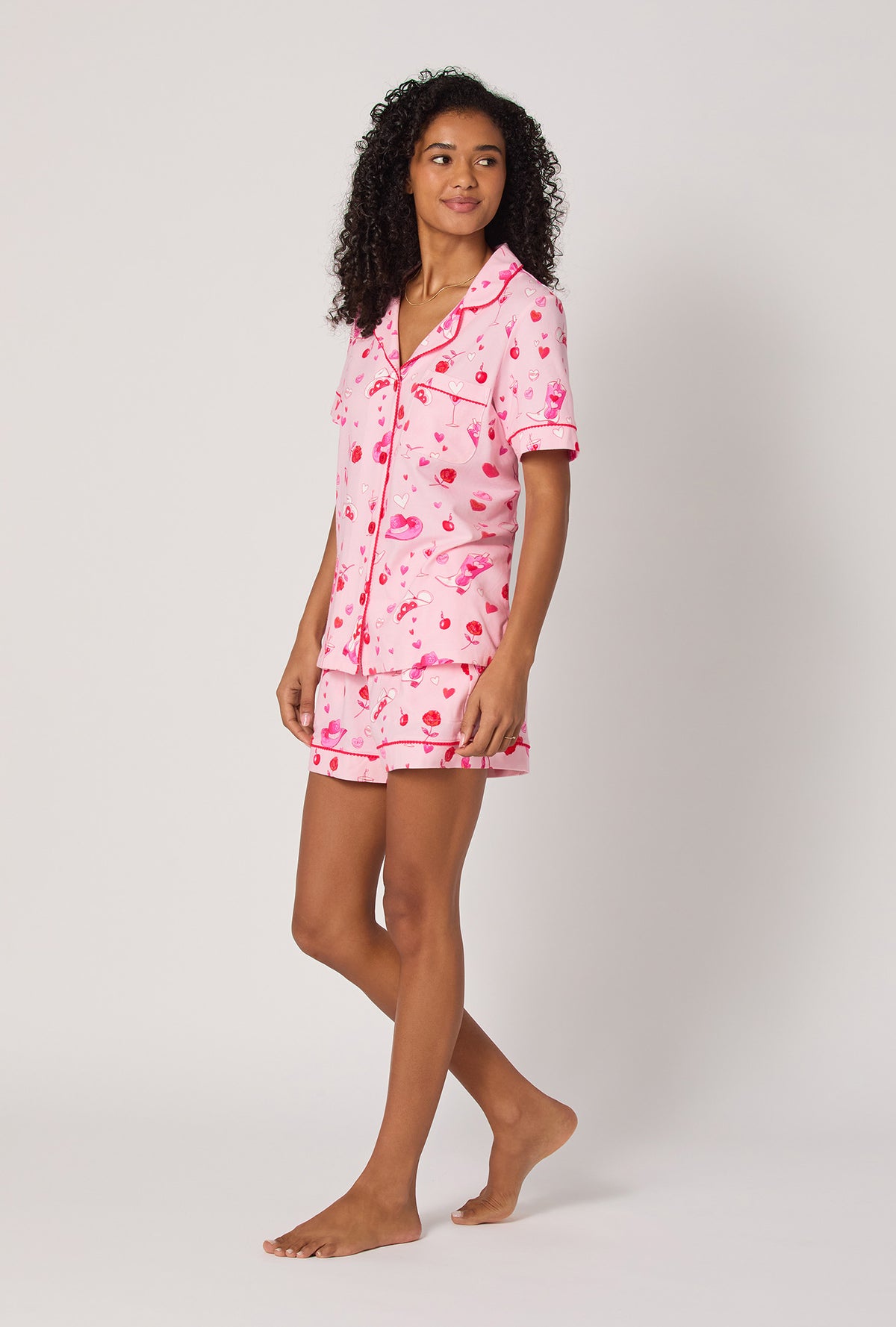 A lady wearing Giddy Up Galentine Short Sleeve Classic Shorty Stretch Jersey Pj Set
