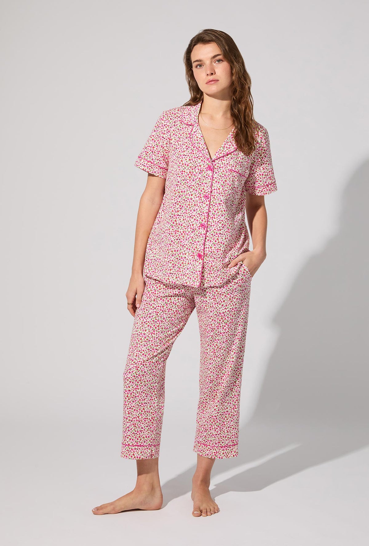 A lady wearing Lynn Short Sleeve Classic Stretch Jersey Cropped PJ Set