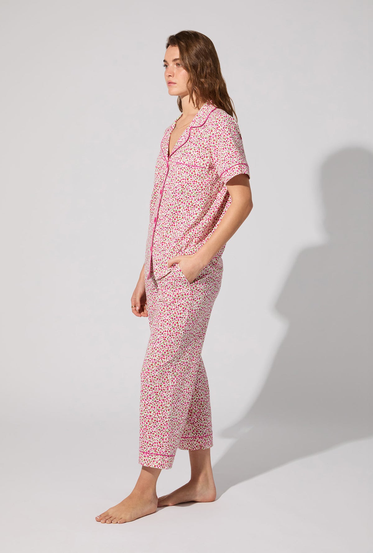 A lady wearing Lynn Short Sleeve Classic Stretch Jersey Cropped PJ Set