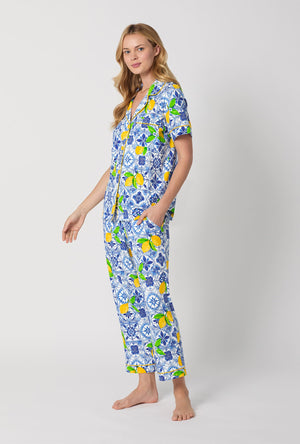 A lady wearing Blue and  White Short Sleeve Classic Stretch Jersey Cropped Pj Set side view