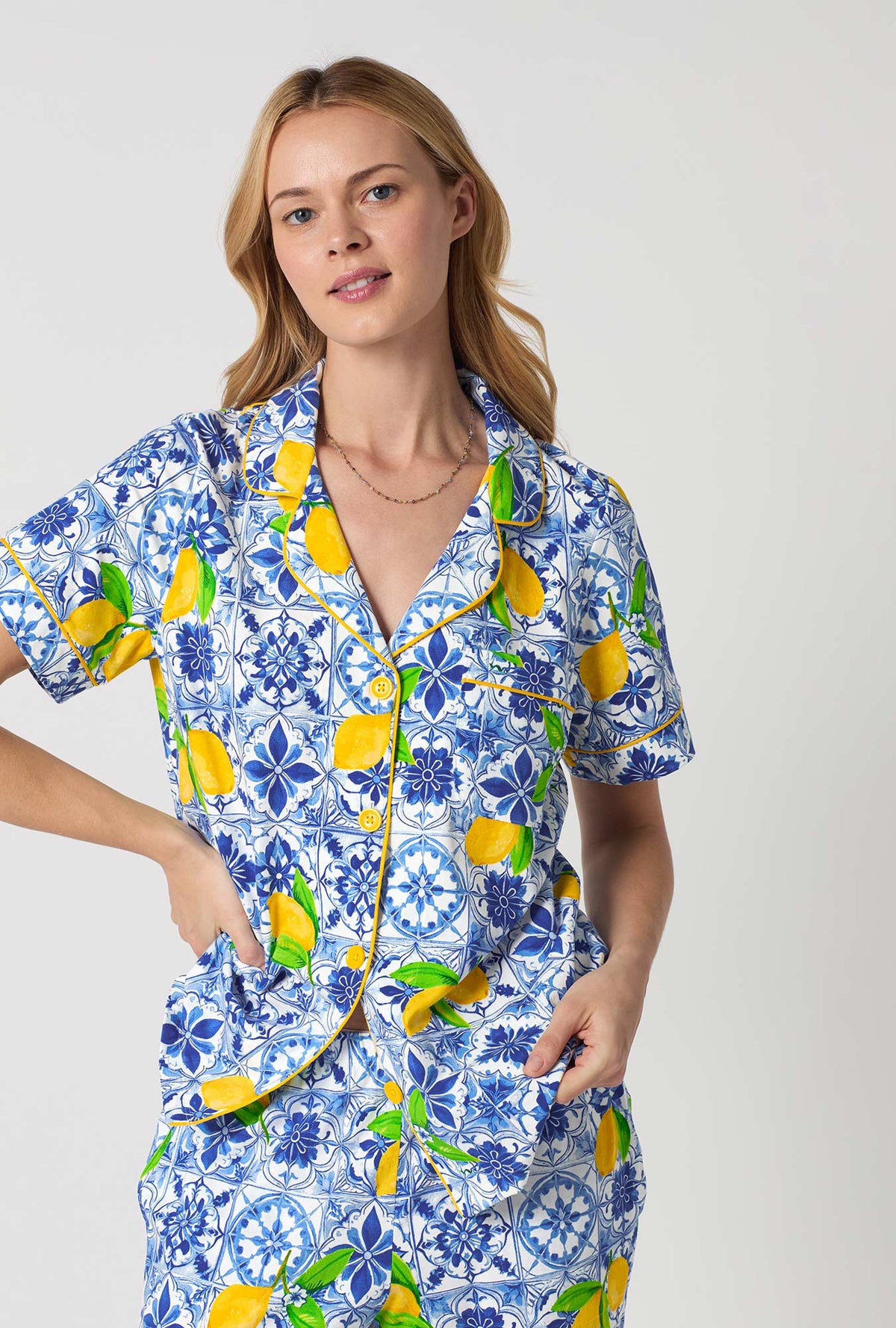 A closeup of A lady wearing Blue and  White Short Sleeve Classic Stretch Jersey Cropped Pj Set