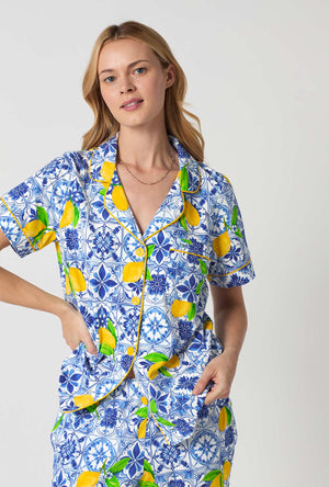 A closeup of A lady wearing Blue and  White Short Sleeve Classic Stretch Jersey Cropped Pj Set